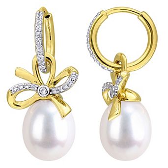 Stella Grace Yellow Gold Plated Sterling Silver Freshwater Cultured Pearl & Lab-Created White Sapphire Bow Drop Earrings