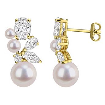Stella Grace Gold-Over-Sterling Silver Freshwater Cultured Pearl & Lab-Created Moissanite Earrings
