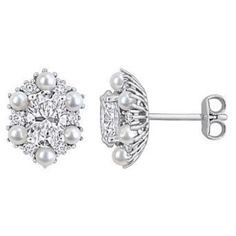 Stella Grace Rhodium Over Sterling Silver Freshwater Cultured Pearl & Lab-Created Moissanite Floral Stud Earrings