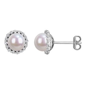 Stella Grace Rhodium Over Sterling Silver Freshwater Cultured Pearl & Lab-Created White Sapphire Halo Stud Earrings