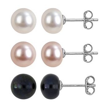 Stella Grace Rhodium Over Sterling Silver Multi-Color Freshwater Cultured Pearl Stud Earrings 3 pc Set