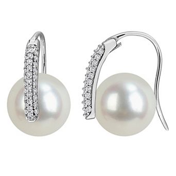 Stella Grace Rhodium Over 14k White Gold Freshwater Cultured Pearl & 3/8 Carat T.W. Round Diamond Pave Leverback Earrings