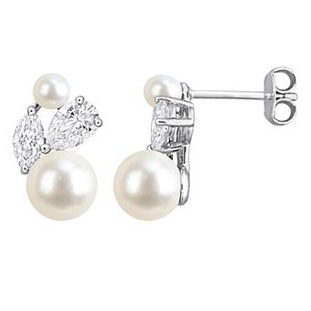 Stella Grace Rhodium Over Sterling Silver Freshwater Pearl & Lab-Created Moissanite Cluster Drop Earrings
