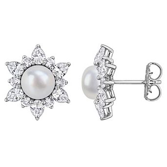Stella Grace Rhodium Over Sterling Silver Freshwater Cultured Pearl & Lab-Created White Sapphire Floral Earrings