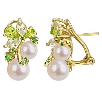Stella Grace Yellow Gold Plated Sterling Silver Freshwater Cultured Pearl & Multi-Gemstone Cluster Earrings