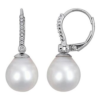 Stella Grace Rhodium Over 14k White Gold 1/8 Carat T.W. Round Diamond & South Sea Pearl Leverback Earrings