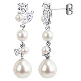 Stella Grace Rhodium Over Sterling Silver Round Freshwater Pearl & Lab-Created Moissanite Drop Earrings