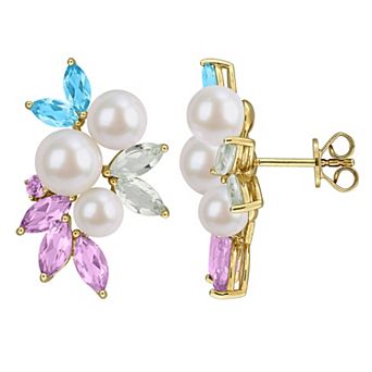 Stella Grace Yellow Gold Plated Sterling Silver Freshwater Cultured Pearl & Multi-Gemstone Drop Earrings