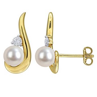 Stella Grace Yellow Gold Plated Sterling Silver Freshwater Cultured Pearl & Lab-Created White Sapphire Swirl Drop Earrings