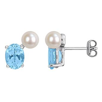Stella Grace Rhodium Over Sterling Silver Freshwater Cultured Pearl & Blue Topaz Stud Earrings