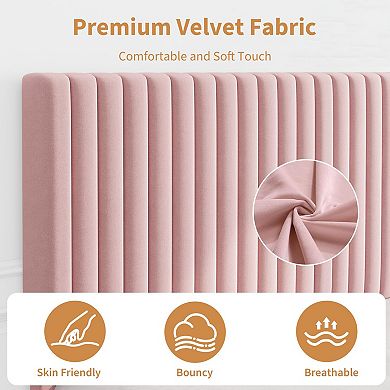 Velvet Bed Frame, Vertical Channel Tufted Headboard, Upholstered Platform Bed, No Box Spring Needed