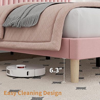 Velvet Bed Frame, Vertical Channel Tufted Headboard, Upholstered Platform Bed, No Box Spring Needed