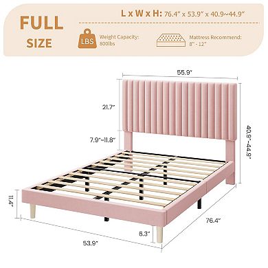 Velvet Bed Frame, Vertical Channel Tufted Headboard, Upholstered Platform Bed, No Box Spring Needed