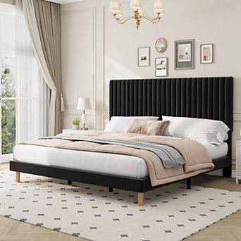 Velvet Bed Frame, Vertical Channel Tufted Headboard, Upholstered Platform Bed, No Box Spring Needed