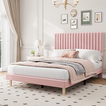 Velvet Bed Frame, Vertical Channel Tufted Headboard, Upholstered Platform Bed, No Box Spring Needed