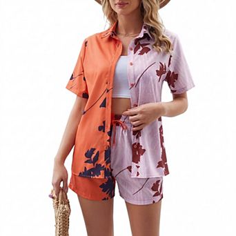Women's 2 pc Vacation Outfit Color Block Leaf Print Button Down Shirt & Drawstring Shorts Set