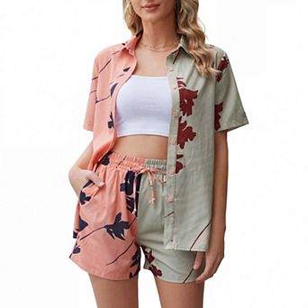 Women's 2 pc Vacation Outfit Color Block Leaf Print Button Down Shirt & Drawstring Shorts Set
