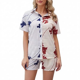 Women's 2 pc Vacation Outfit Color Block Leaf Print Button Down Shirt & Drawstring Shorts Set
