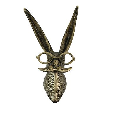 Gold Hare Head Wall Hanging Whimsical Decor with Glasses and Mustache