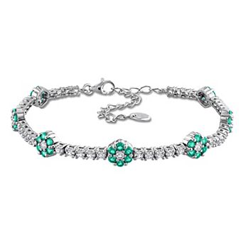Stella Grace Sterling Silver Lab-Created Emerald & Lab-Created White Sapphire Flower Station Tennis Bracelet