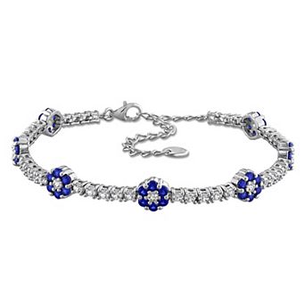 Stella Grace Sterling Silver Lab-Created Blue & White Sapphire Flower Station Tennis Bracelet