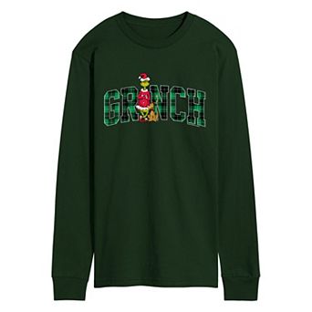 Men's Dr. Seuss The Grinch Christmas Plaid Logo Long Sleeve Graphic T-Shirt