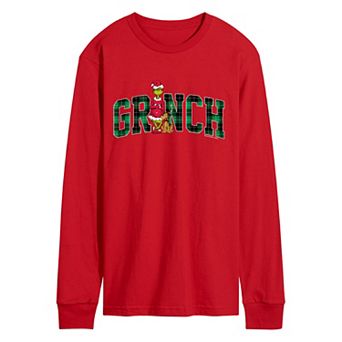 Men's Dr. Seuss The Grinch Christmas Plaid Logo Long Sleeve Graphic T-Shirt