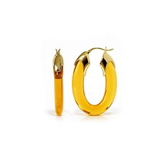 14K Gold Over Brass 1.5 inch Acrylic Carved Oval Lucite Birthstone Hoop Earrings