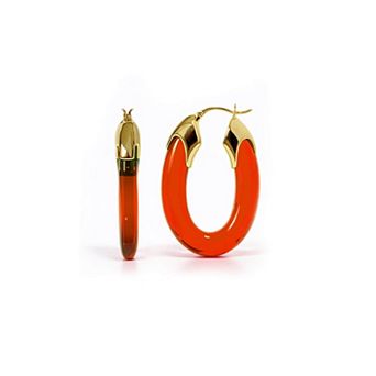 14K Gold Over Brass 1.5 inch Acrylic Carved Oval Lucite Birthstone Hoop Earrings