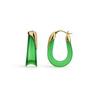 14K Gold Over Brass 1.5 inch Acrylic Sculpted U Lucite Birthstone Hoop Earrings