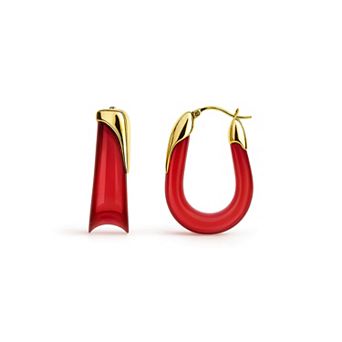 14K Gold Over Brass 1.5 inch Acrylic Sculpted U Lucite Birthstone Hoop Earrings