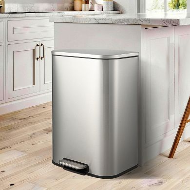 Slim Rectangular Step Trash Can with Soft-Close Lid & Removable Inner Bucket, Kitchen & Home Office