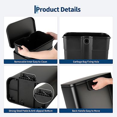 Slim Rectangular Step Trash Can with Soft-Close Lid & Removable Inner Bucket, Kitchen & Home Office