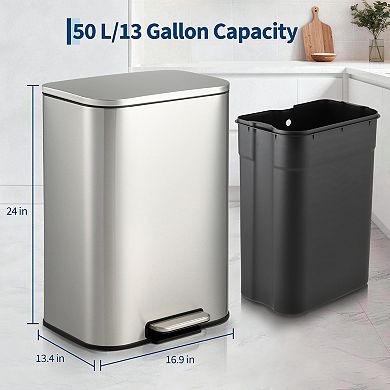 Slim Rectangular Step Trash Can with Soft-Close Lid & Removable Inner Bucket, Kitchen & Home Office
