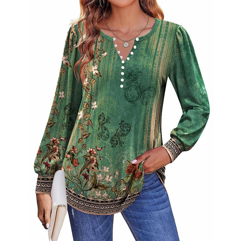 Zeagoo Women's Long Sleeve Button Up Shirts Casual V Neck Floral Tunic ...