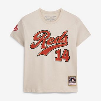 Women's Mitchell & Ness Pete Rose Cream Cincinnati Reds Cooperstown Name & Number Throwback T-Shirt