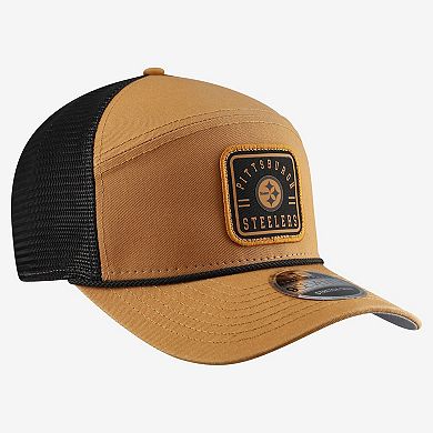 Men's New Era Brown/Black Pittsburgh Steelers Team Patch Split Panel 9SEVENTY Adjustable Trucker Hat