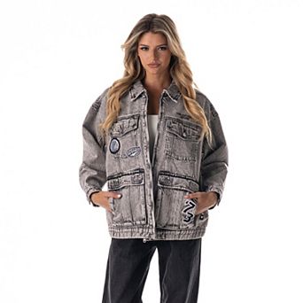 Women's The Wild Collective Gray San Antonio Spurs Oversized Cargo Denim Full-Zip Jacket