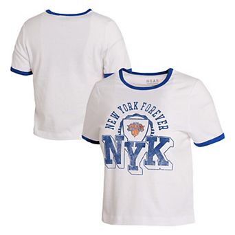 Women's WEAR by Erin Andrews White New York Knicks Cropped Ringer Baby T-Shirt