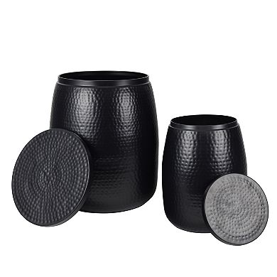 Merida Modern Rustic Hammered Metal Drum Storage Side Table with Lid