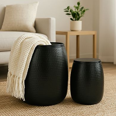 Merida Modern Rustic Hammered Metal Drum Storage Side Table with Lid