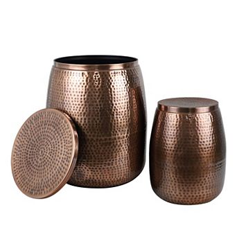 Merida Modern Rustic Hammered Metal Drum Storage Side Table with Lid