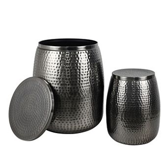 Merida Modern Rustic Hammered Metal Drum Storage Side Table with Lid