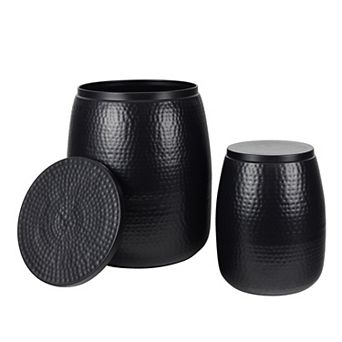 Merida Modern Rustic Hammered Metal Drum Storage Side Table with Lid