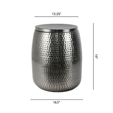 Merida Modern Rustic Hammered Metal Drum Storage Side Table with Lid