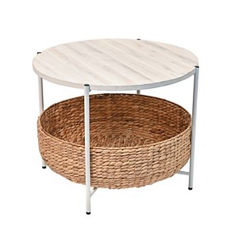 Carly 24.21" Round Acacia Wood/Water Hyacinth Coffee Table with Storage Basket