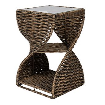 Suraya Handwoven Water Hyacinth Sculptural Twisted End Table with Glass Top and Storage Shelf