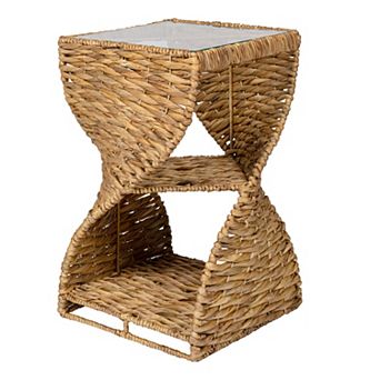 Suraya Handwoven Water Hyacinth Sculptural Twisted End Table with Glass Top and Storage Shelf
