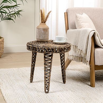 Amara Coastal Bohemian Handwoven Water Hyacinth Round Tripod End Table