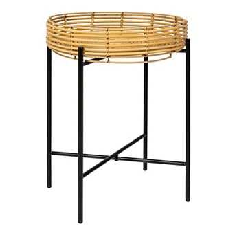 Malia Coastal Bohemian Faux Rattan Round Tray End Table with Metal Base